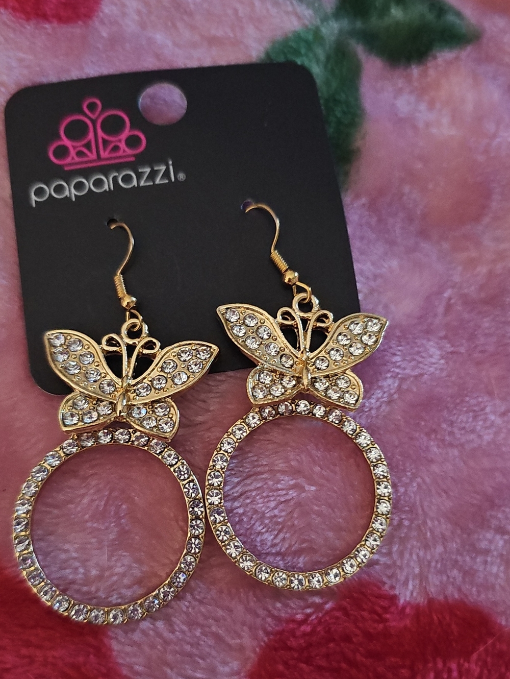 paparazzi Gold Butterfly Crystal Hoop Drop Earrings